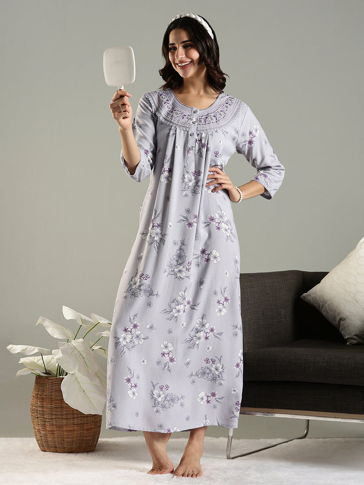Lavender Blush Alpine Embroidered Floral Nighty with Pocket