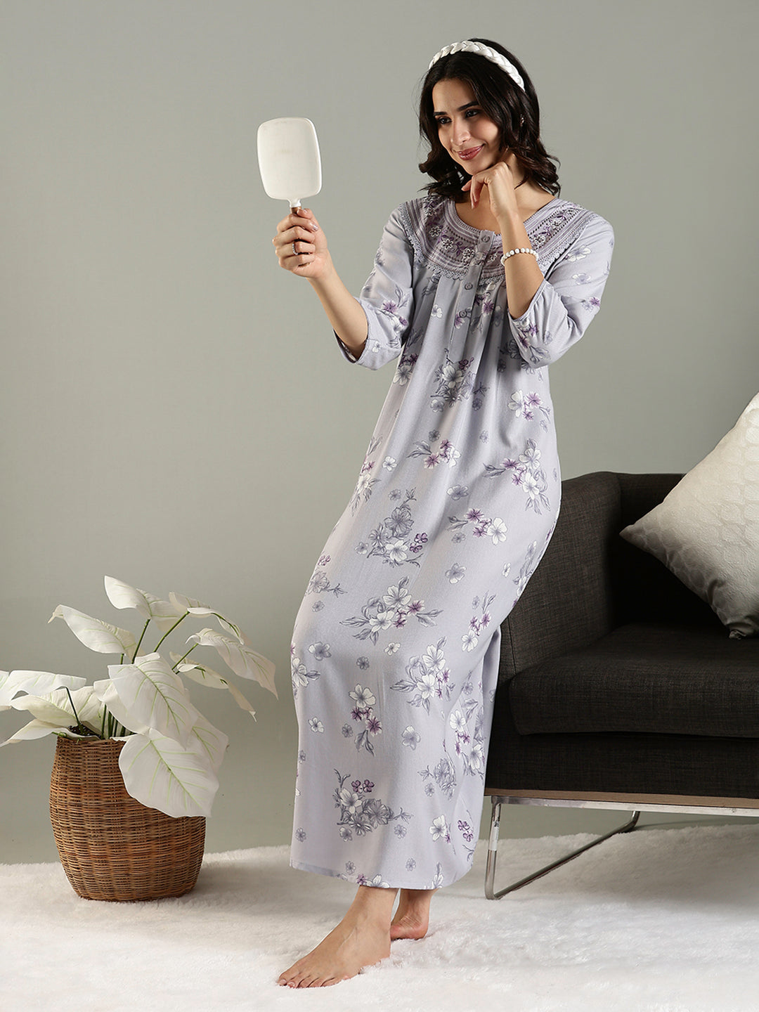 Lavender Blush Alpine Embroidered Floral Nighty with Pocket