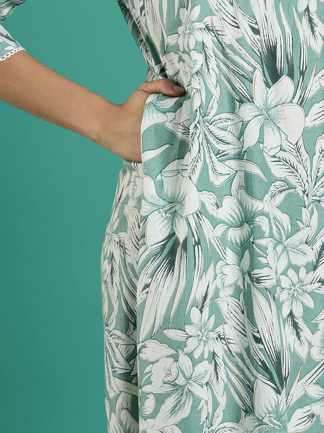 Green Pure Embroidered Cotton Nighty with 3/4 Sleeve