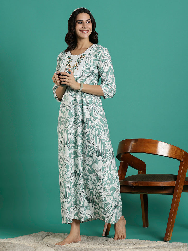 Green Pure Embroidered Cotton Nighty with 3/4 Sleeve