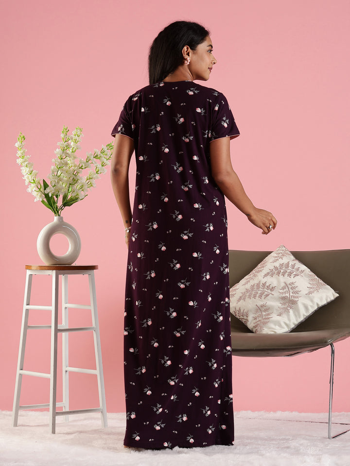 Deep Purple Hosiery Cotton Floral Designer Nighty for Women with Zip and Pocket