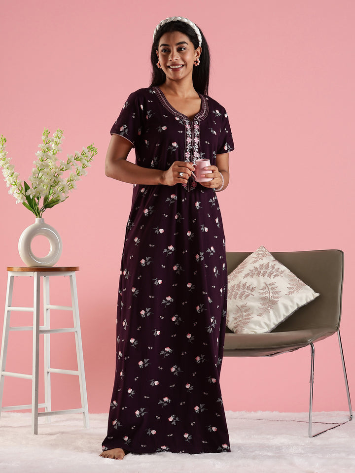 Deep Purple Hosiery Cotton Floral Designer Nighty for Women with Zip and Pocket