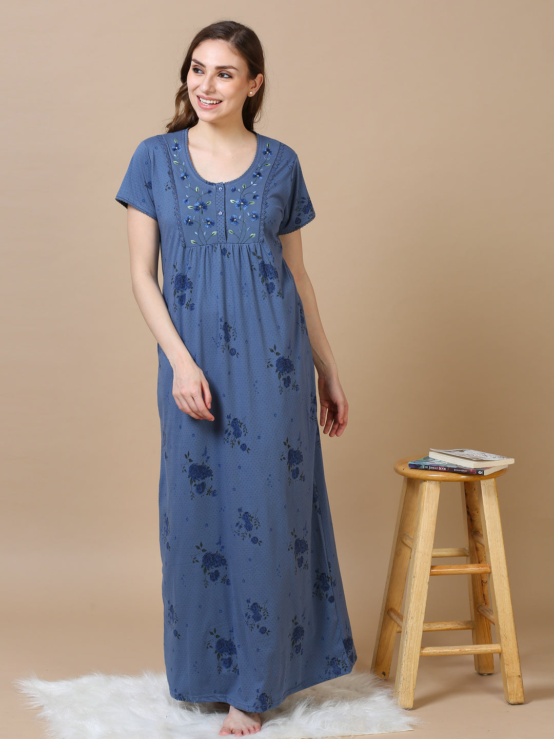 Trendy Powder Blue Alpine Cotton Designer Nighty