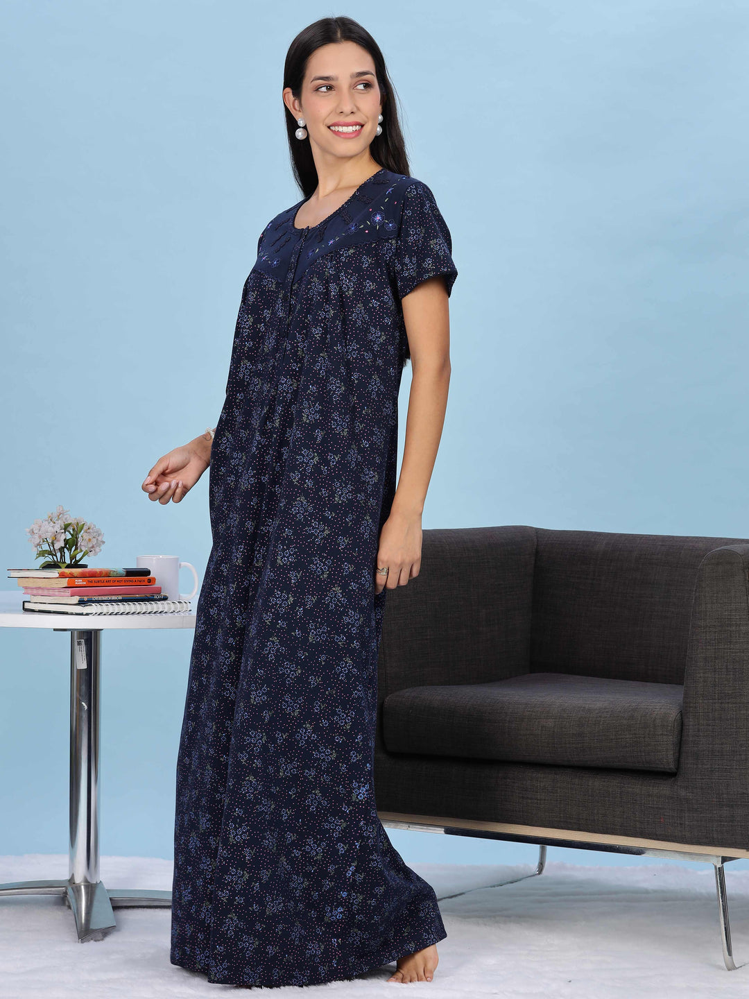 Floral Embroidered Navy Nighty for Women Full Length