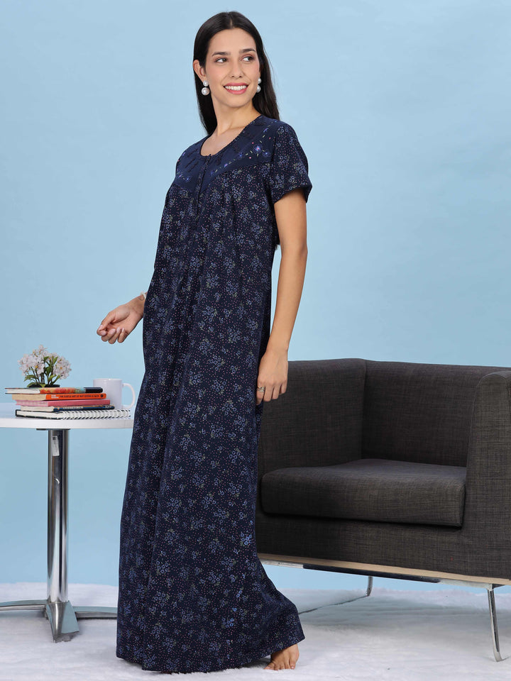 Floral Embroidered Navy Nighty for Women Full Length