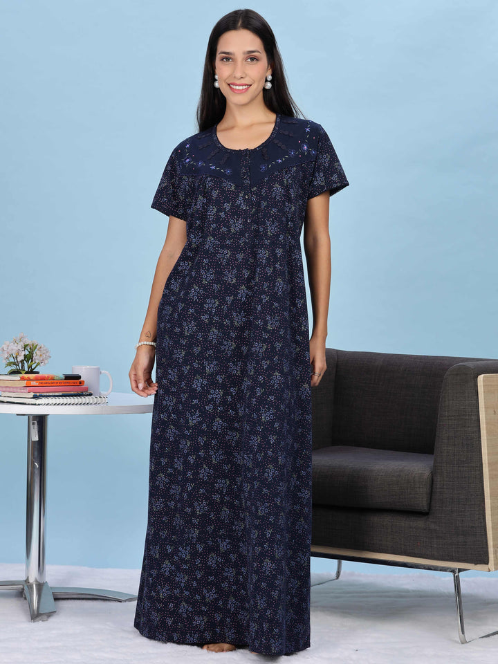 Floral Embroidered Navy Nighty for Women Full Length