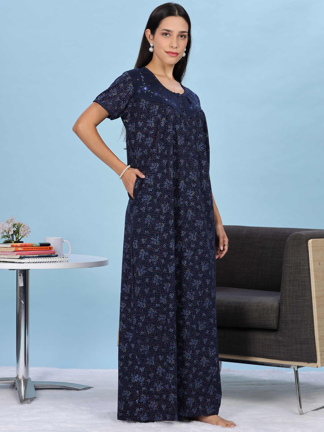 Floral Embroidered Navy Nighty for Women Full Length