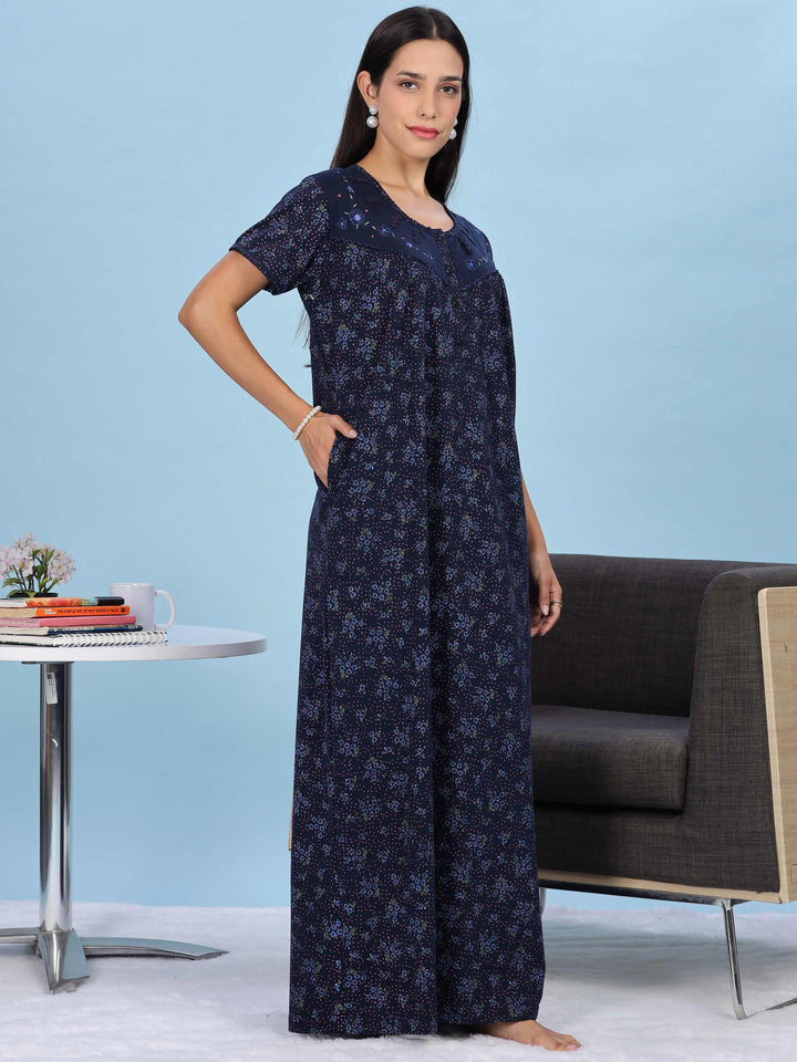 Floral Embroidered Navy Nighty for Women Full Length