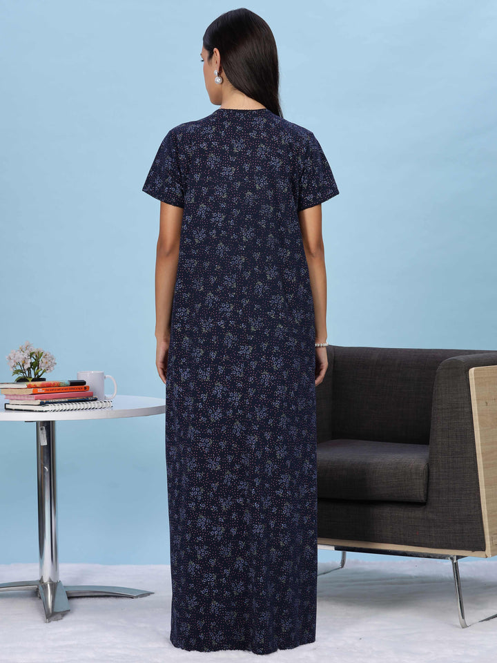 Floral Embroidered Navy Nighty for Women Full Length