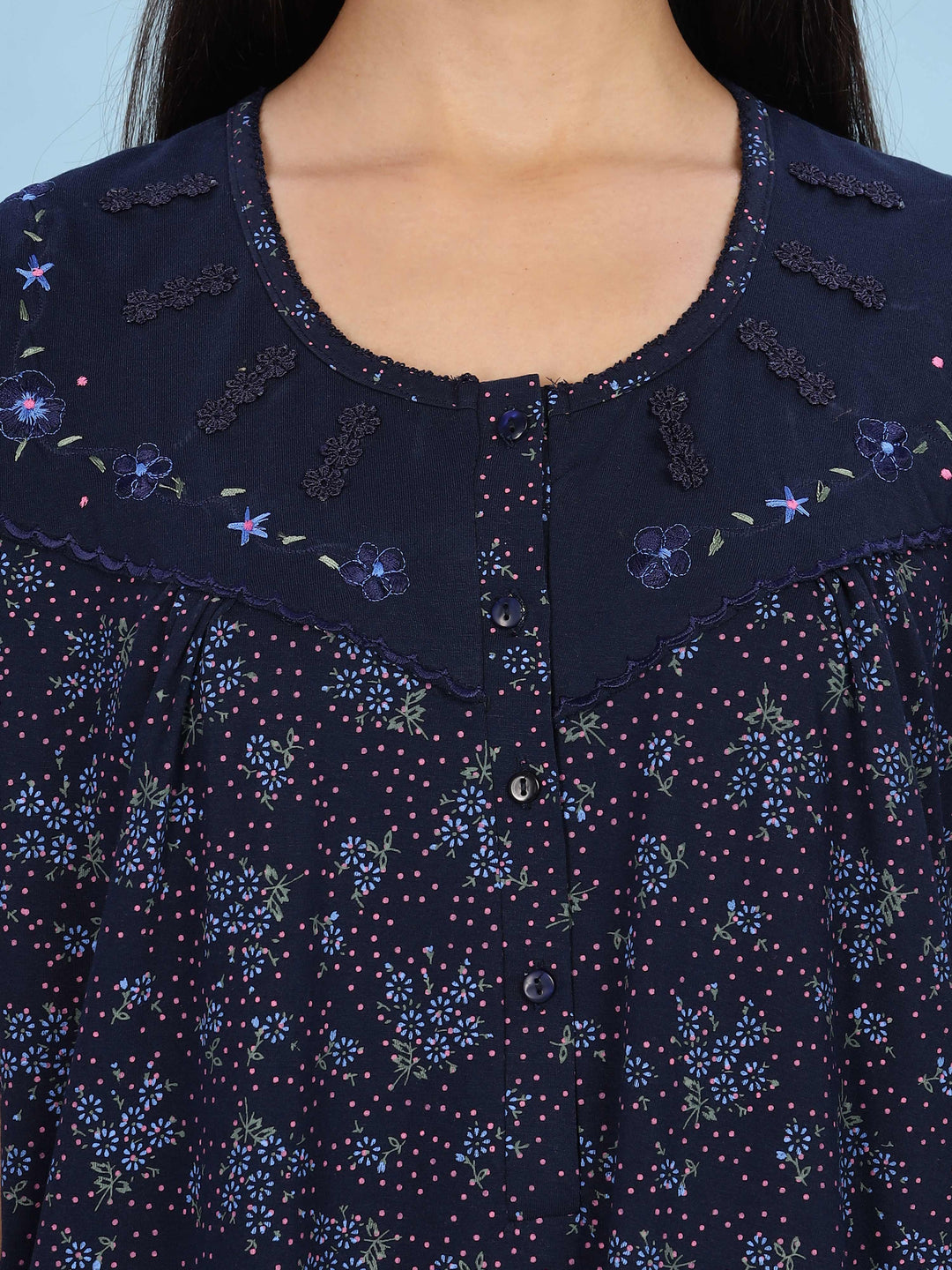 Floral Embroidered Navy Nighty for Women Full Length