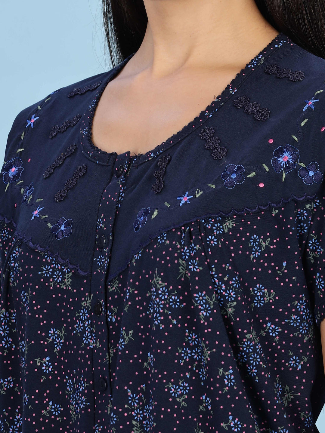 Floral Embroidered Navy Nighty for Women Full Length
