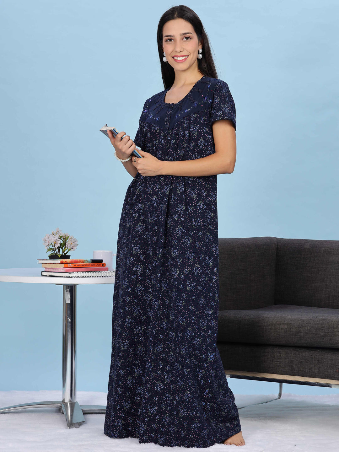 Floral Embroidered Navy Nighty for Women Full Length