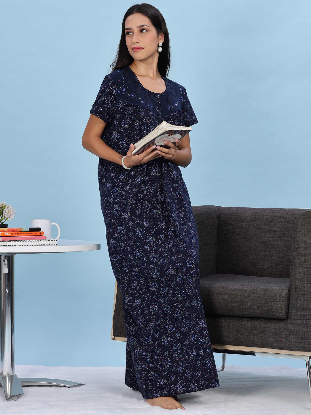 Floral Embroidered Navy Nighty for Women Full Length