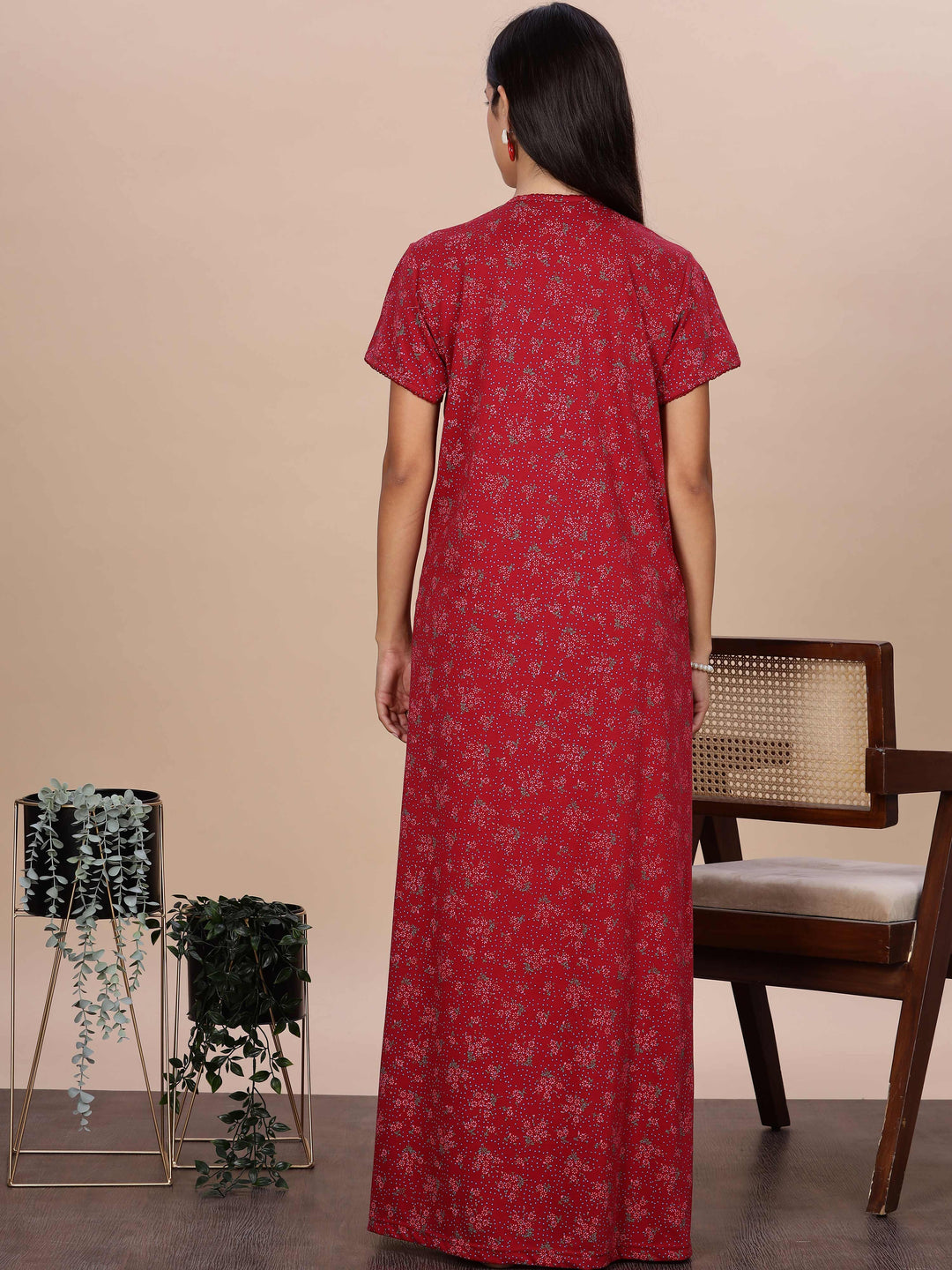 Elegant Red Floral Night Dress for Women Full Length