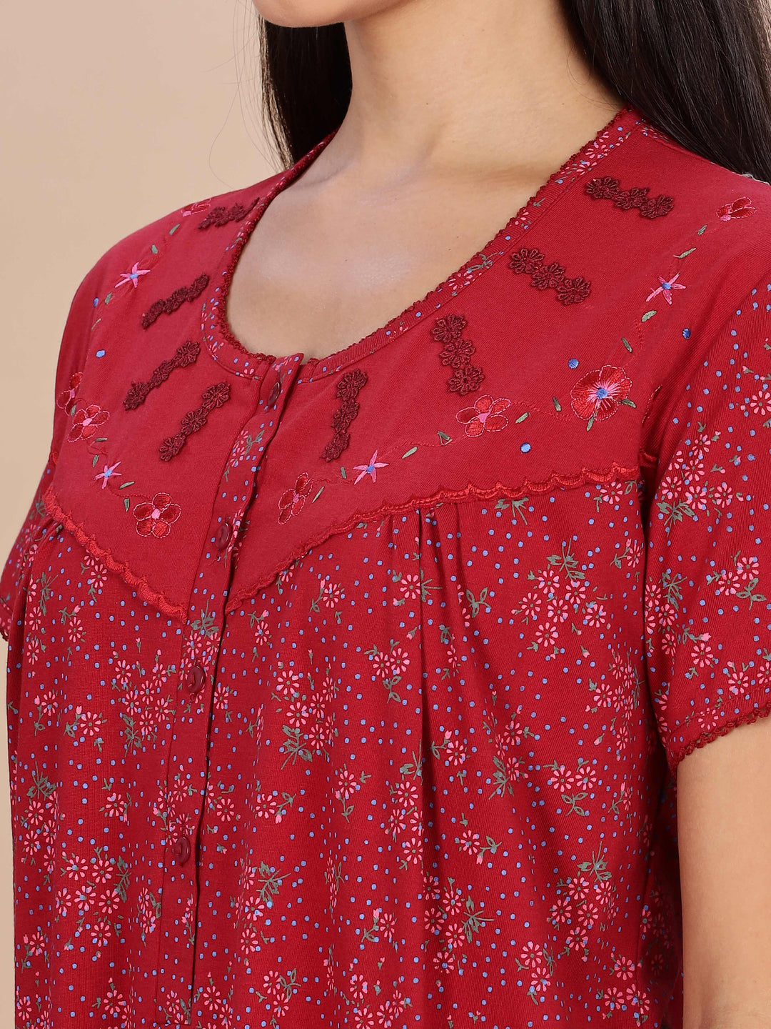 Elegant Red Floral Night Dress for Women Full Length