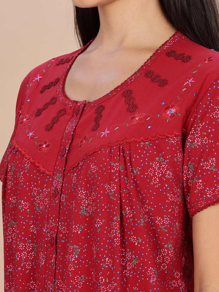 Elegant Red Floral Night Dress for Women Full Length