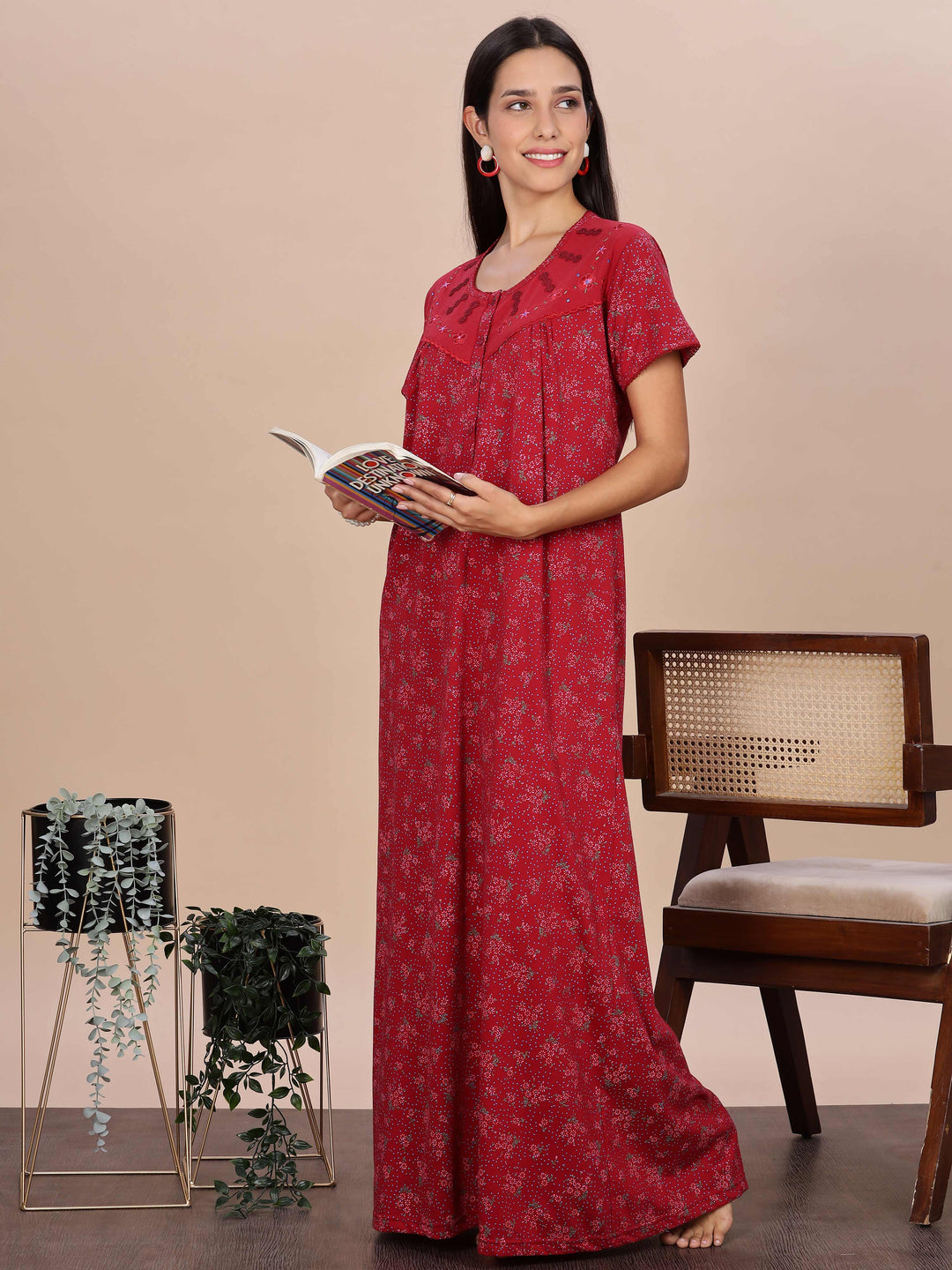 Elegant Red Floral Night Dress for Women Full Length