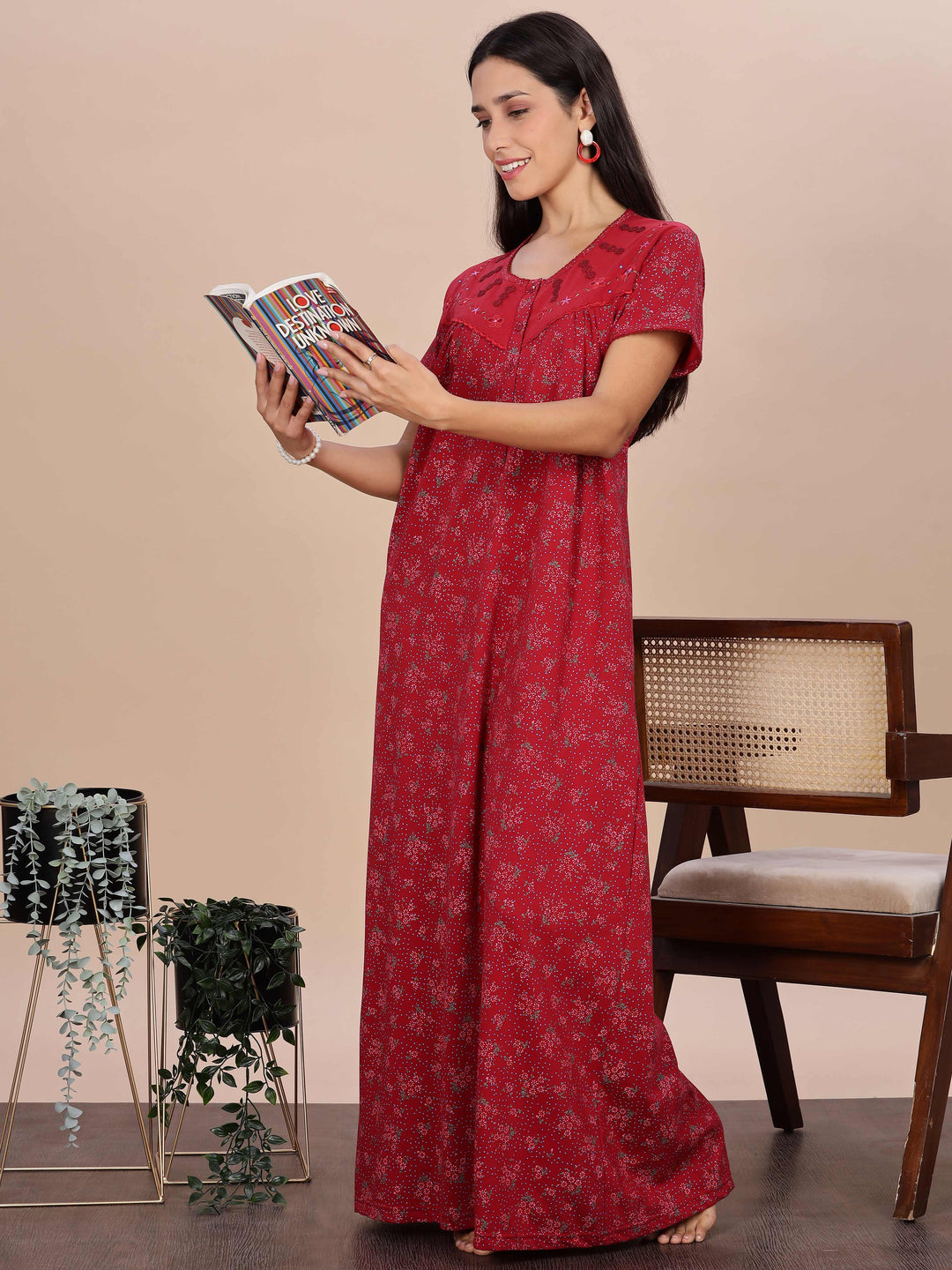 Elegant Red Floral Night Dress for Women Full Length