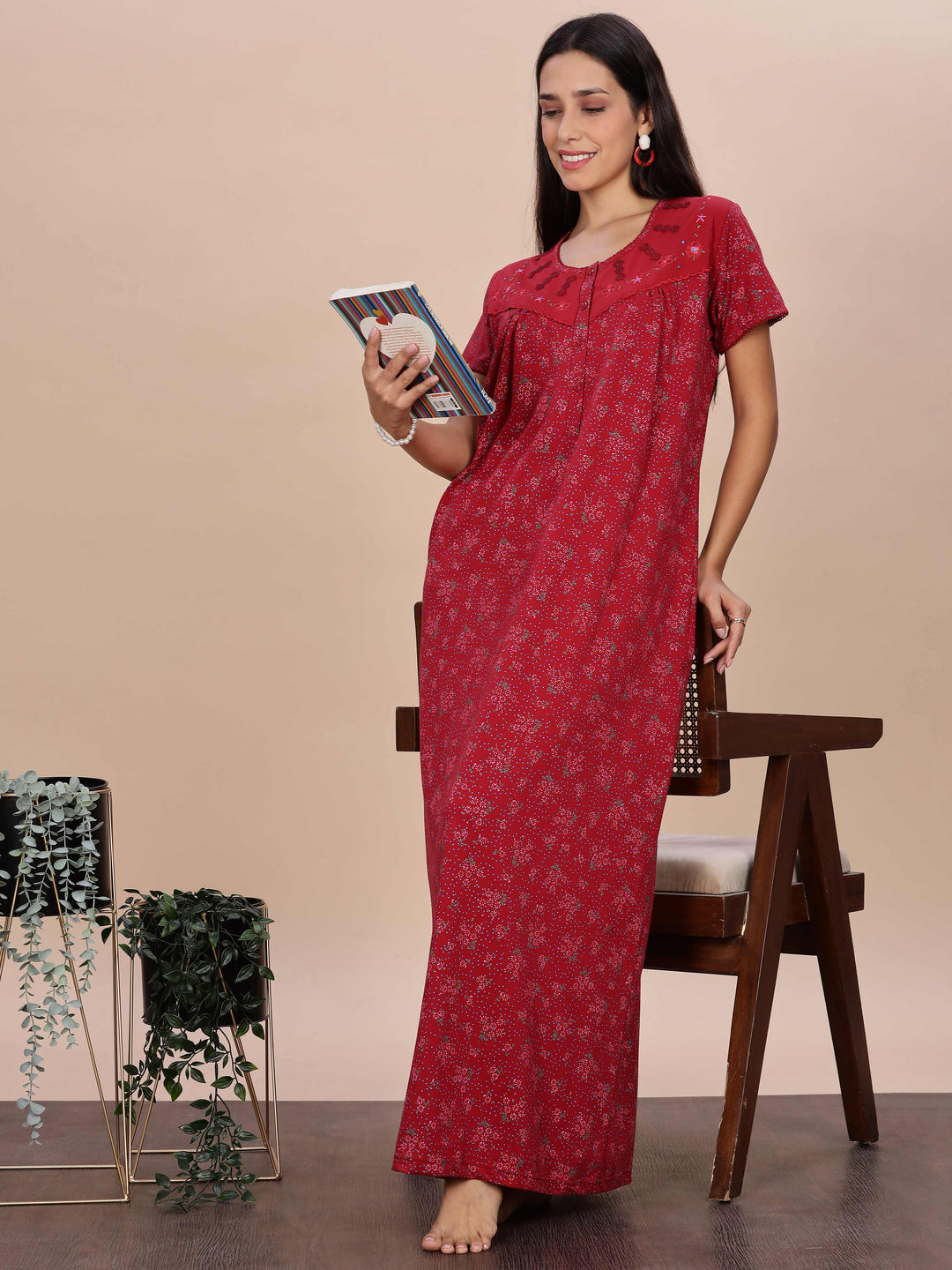 Elegant Red Floral Night Dress for Women Full Length