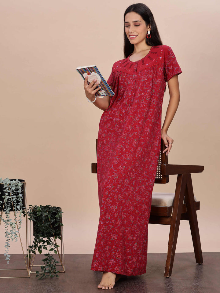 Elegant Red Floral Night Dress for Women Full Length