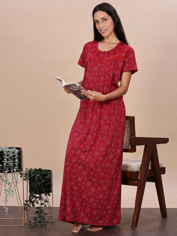 Elegant Red Floral Night Dress for Women Full Length