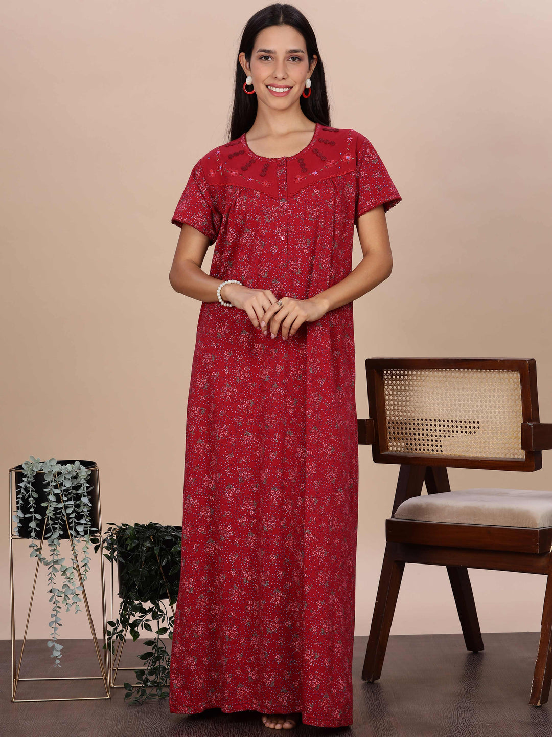 Elegant Red Floral Night Dress for Women Full Length
