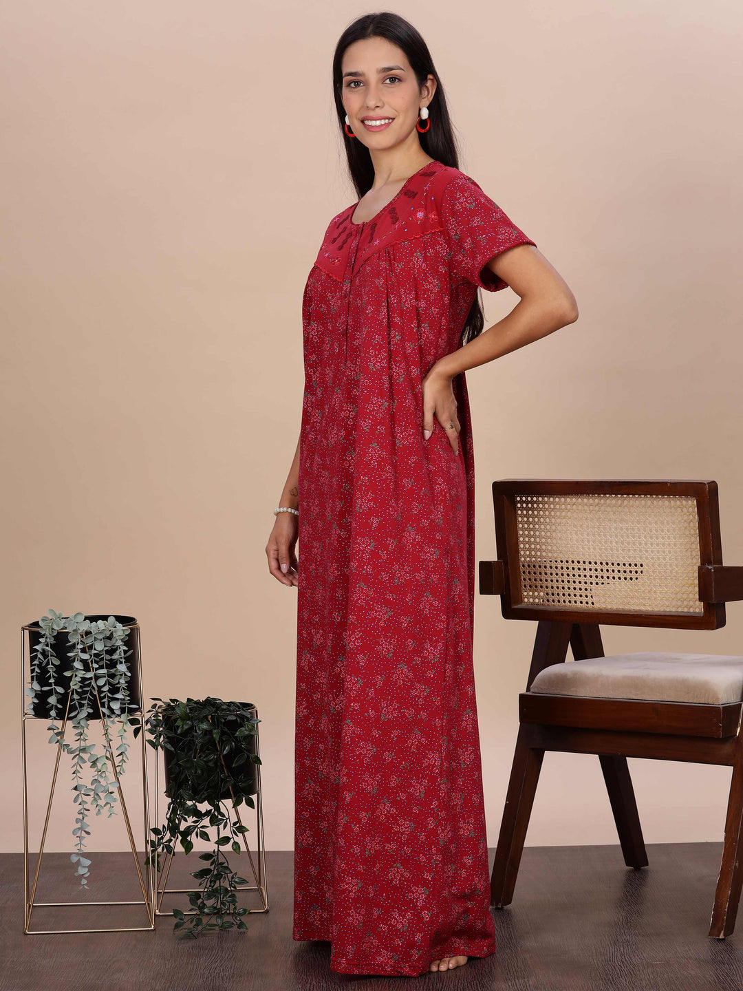 Elegant Red Floral Night Dress for Women Full Length