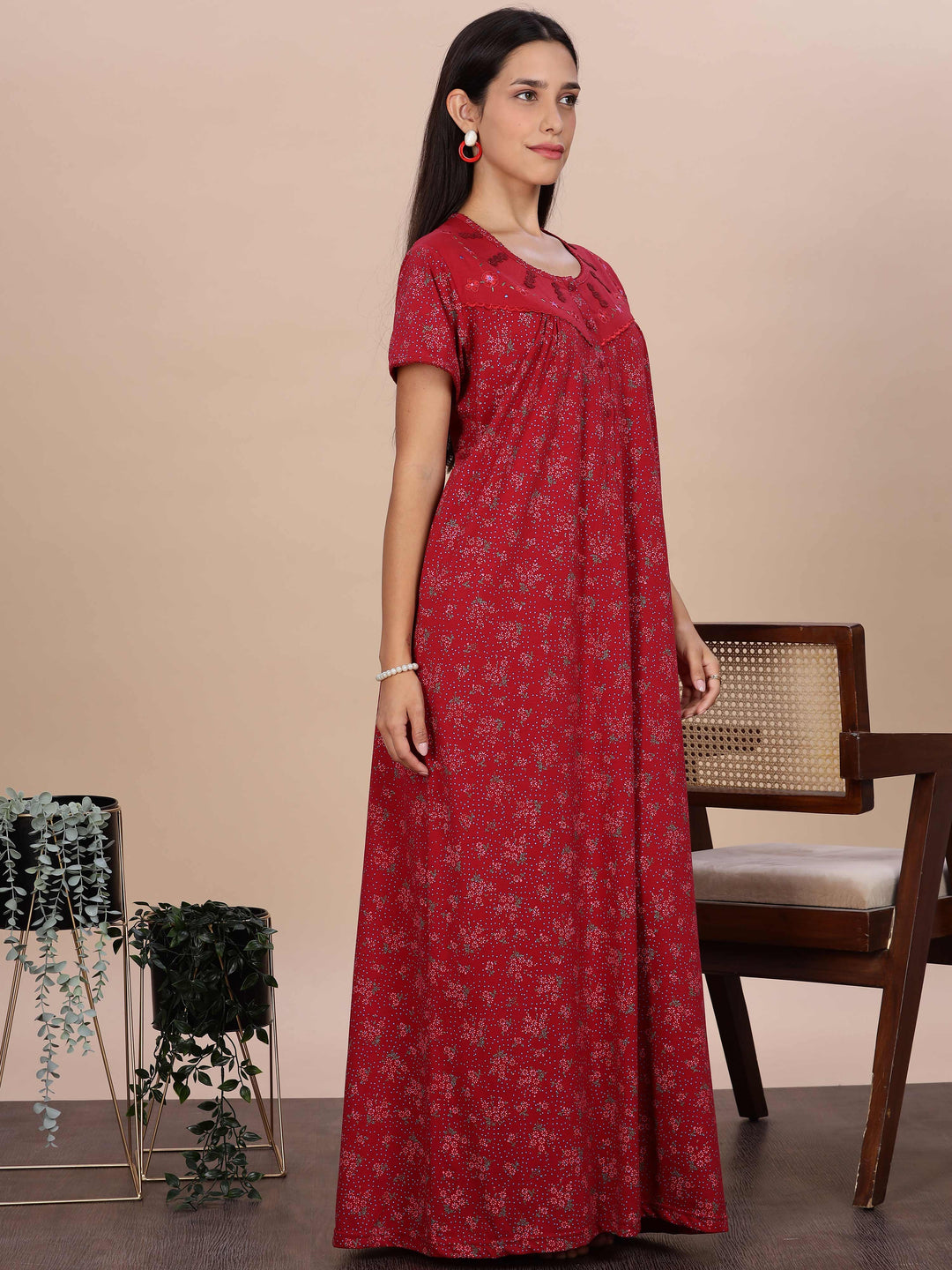 Elegant Red Floral Night Dress for Women Full Length