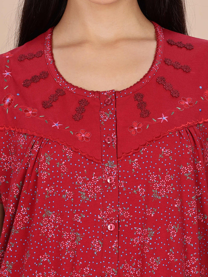 Elegant Red Floral Night Dress for Women Full Length
