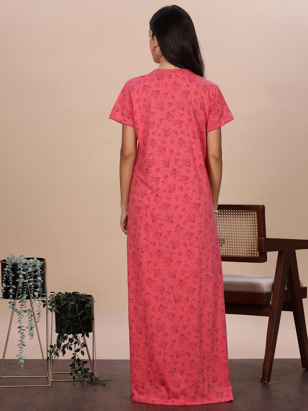 Coral Pink Printed Cotton Blend Nighty for Women