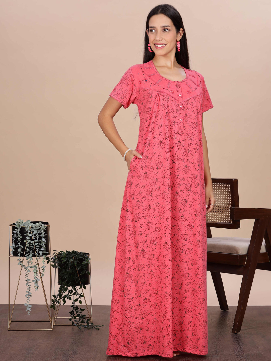 Coral Pink Printed Cotton Blend Nighty for Women