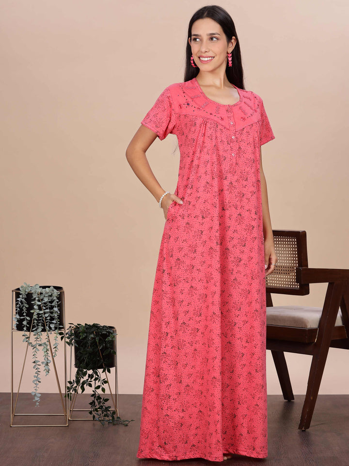 Coral Pink Printed Cotton Blend Nighty for Women