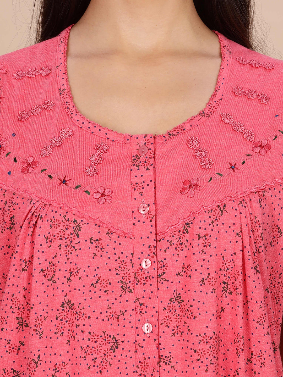 Coral Pink Printed Cotton Blend Nighty for Women