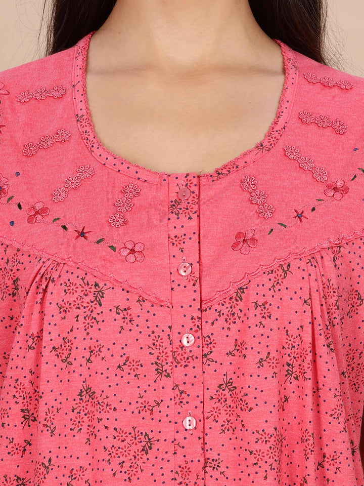 Coral Pink Printed Cotton Blend Nighty for Women
