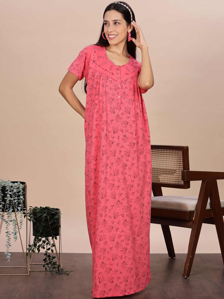 Coral Pink Printed Cotton Blend Nighty for Women