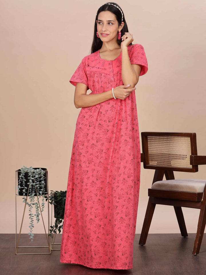 Coral Pink Printed Cotton Blend Nighty for Women
