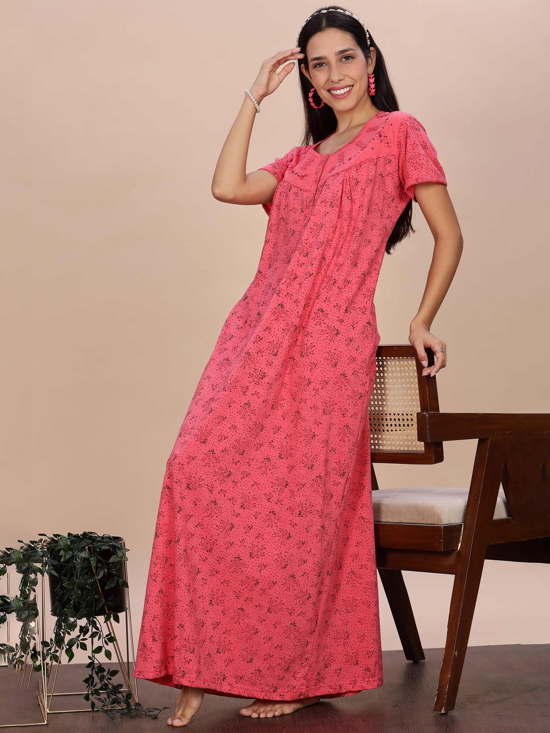 Coral Pink Printed Cotton Blend Nighty for Women