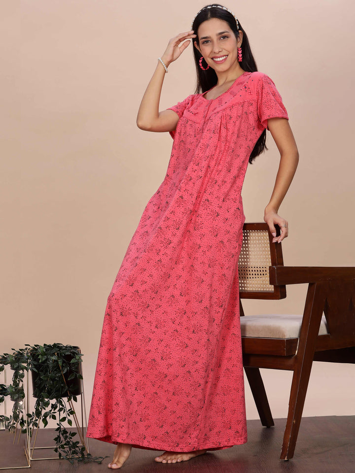 Coral Pink Printed Cotton Blend Nighty for Women