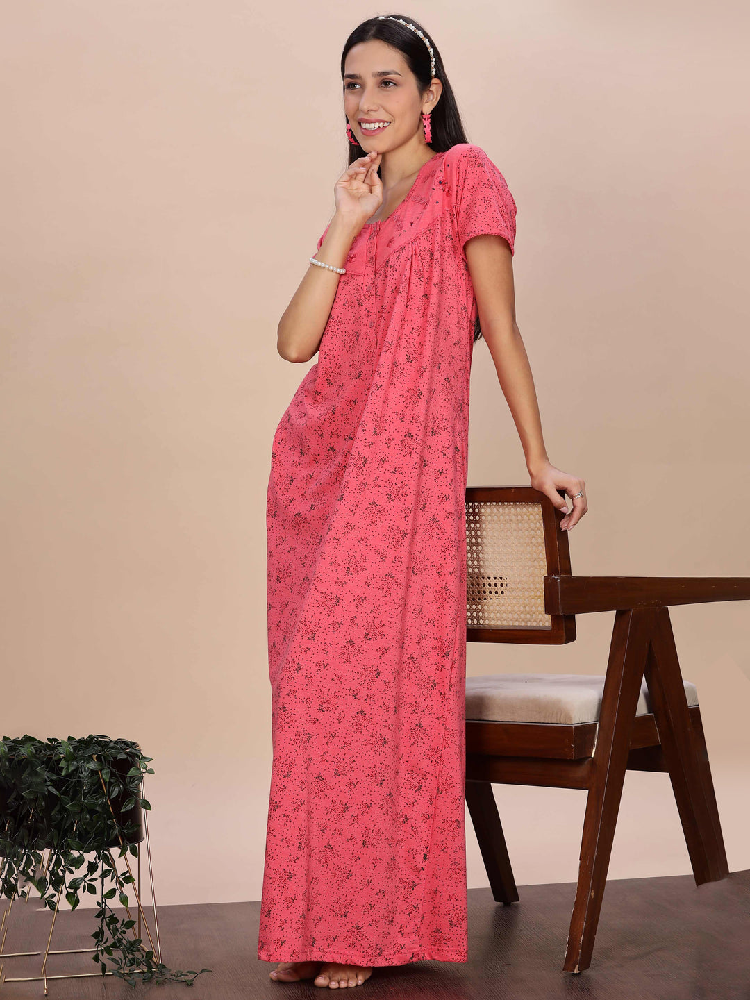 Coral Pink Printed Cotton Blend Nighty for Women