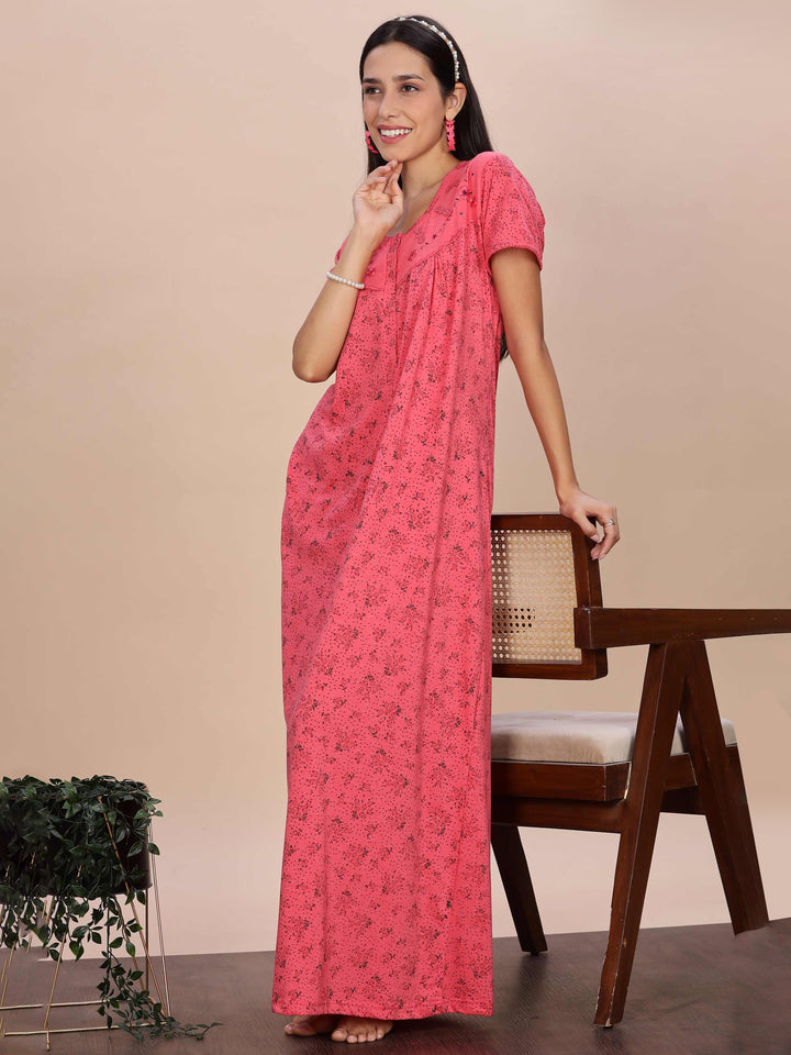 Coral Pink Printed Cotton Blend Nighty for Women