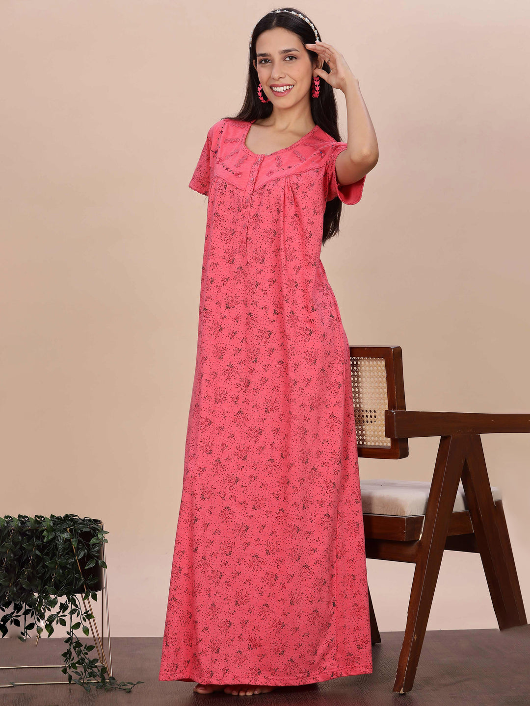 Coral Pink Printed Cotton Blend Nighty for Women