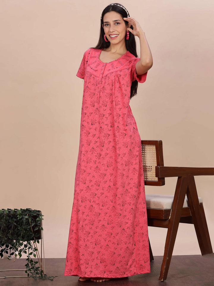 Coral Pink Printed Cotton Blend Nighty for Women