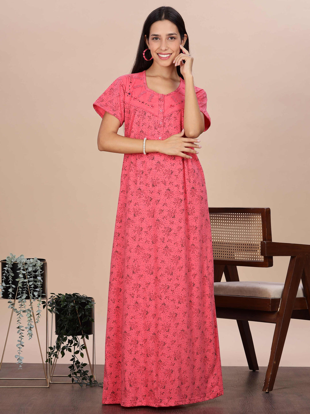 Coral Pink Printed Cotton Blend Nighty for Women