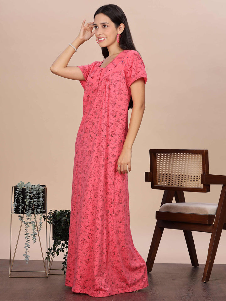 Coral Pink Printed Cotton Blend Nighty for Women