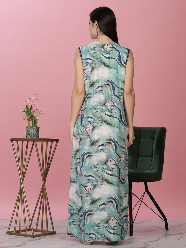 Aqua Marble Print Sleeveless Rayon Nighty for Women