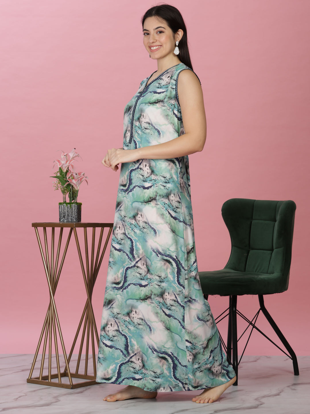 Aqua Marble Print Sleeveless Rayon Nighty for Women