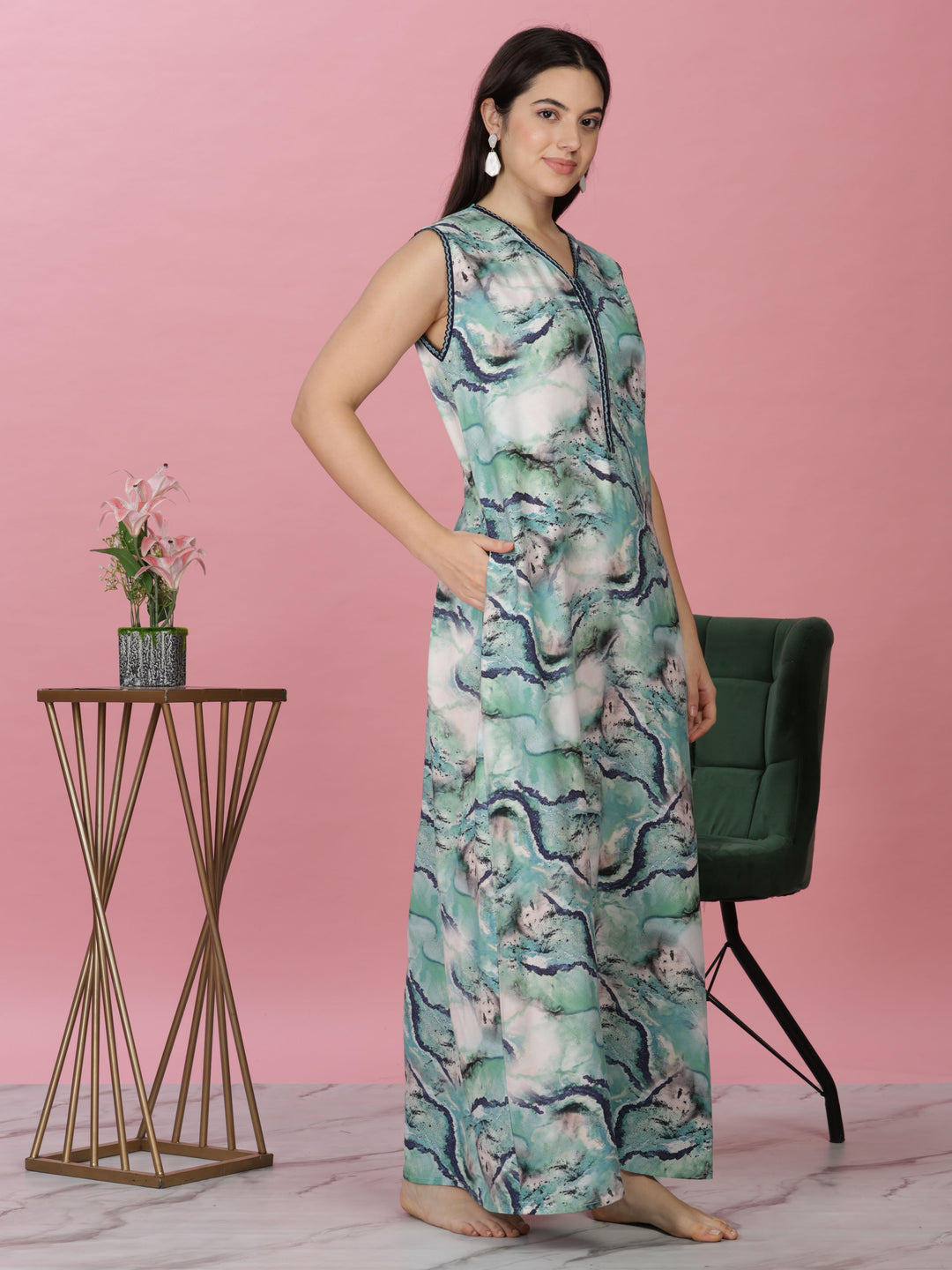 Aqua Marble Print Sleeveless Rayon Nighty for Women