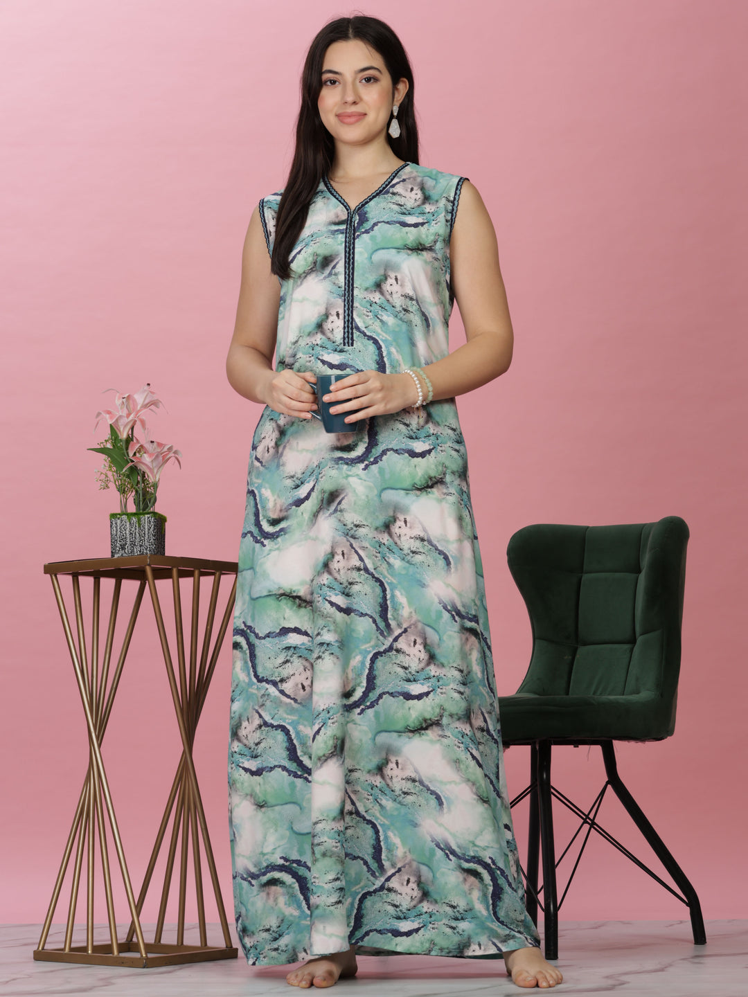 Aqua Marble Print Sleeveless Rayon Nighty for Women