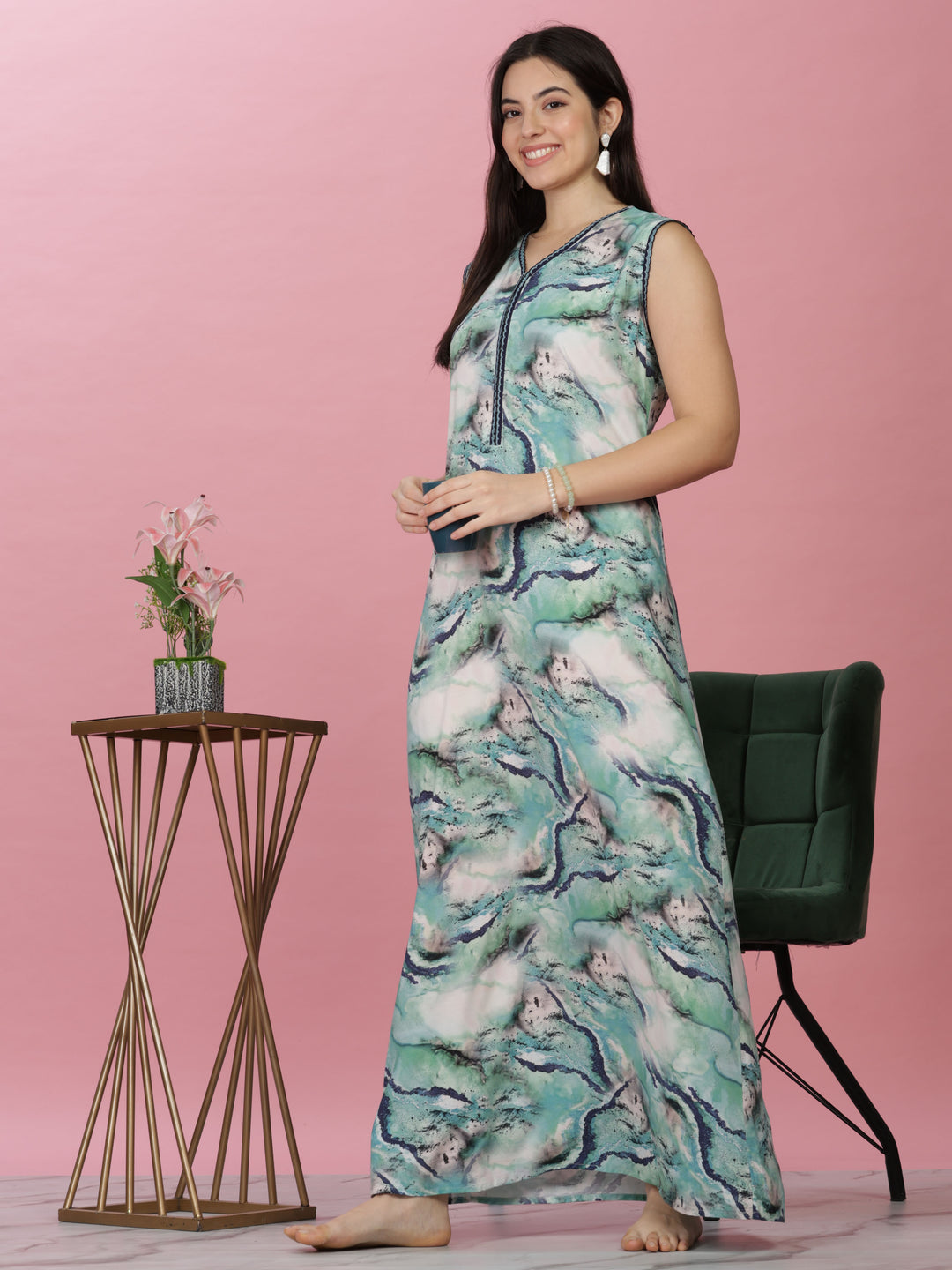 Aqua Marble Print Sleeveless Rayon Nighty for Women