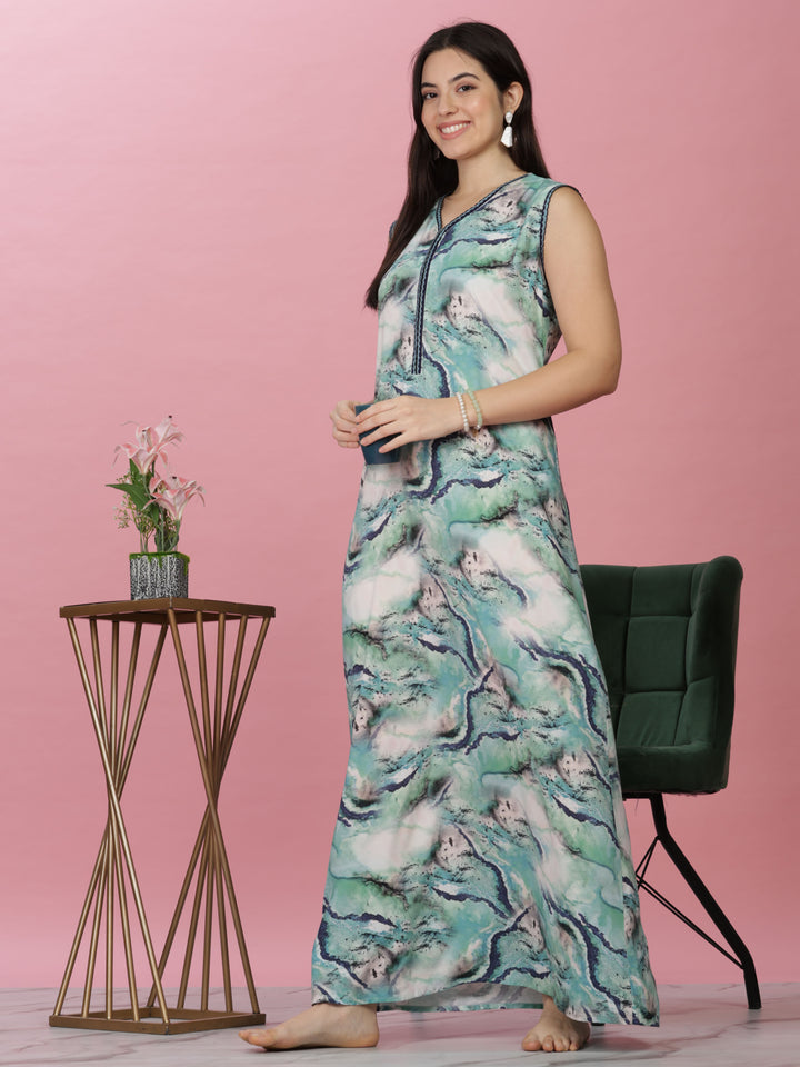 Aqua Marble Print Sleeveless Rayon Nighty for Women
